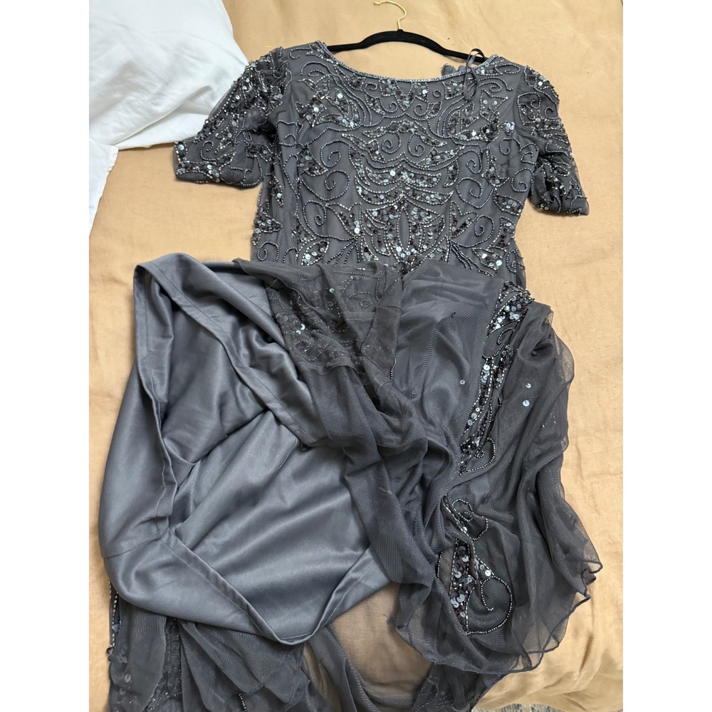 Pisarro Nights Gray Beaded Sequin Gown 3/4 Sleeve Formal Maxi Dress - Picture 12 of 14